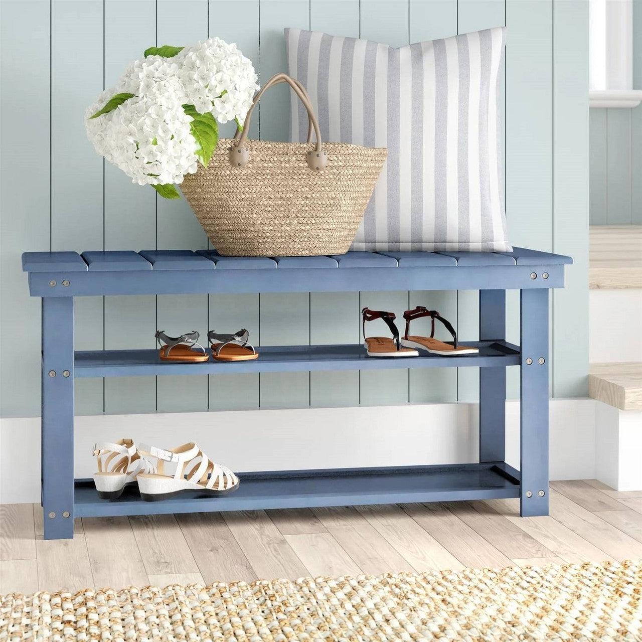 Blue Wood 2-Shelf Shoe Rack Storage Bench - 150 lbs. Weight Capacity-2