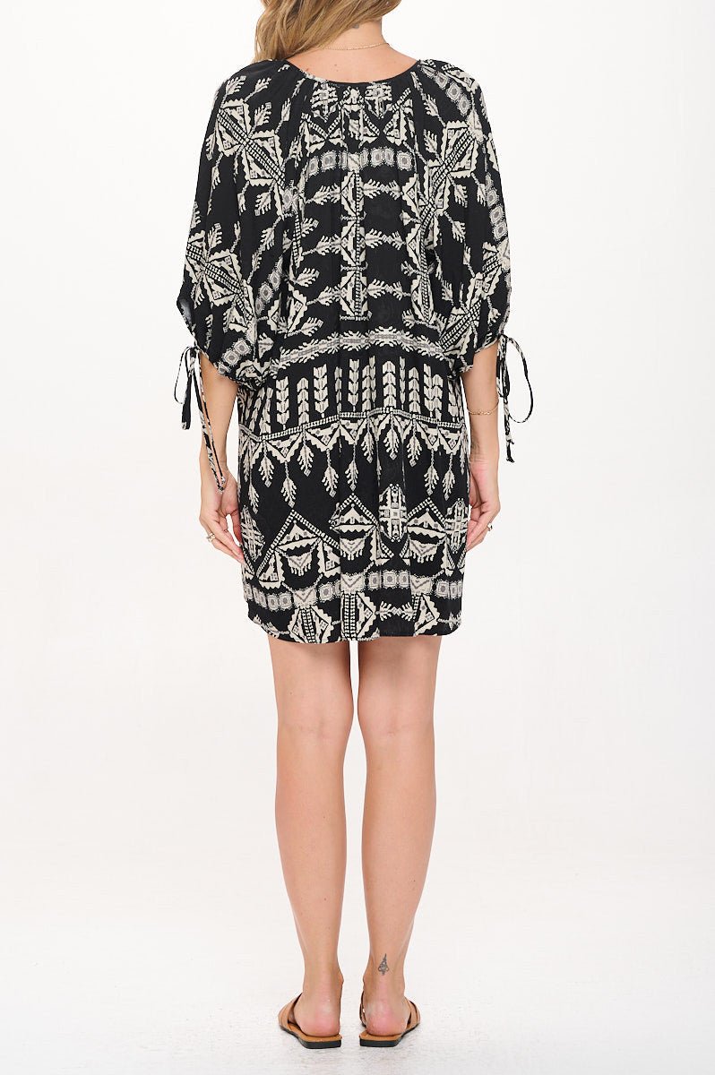 Boho Print V neck Dress with Tie Sleeve - Shellcreations