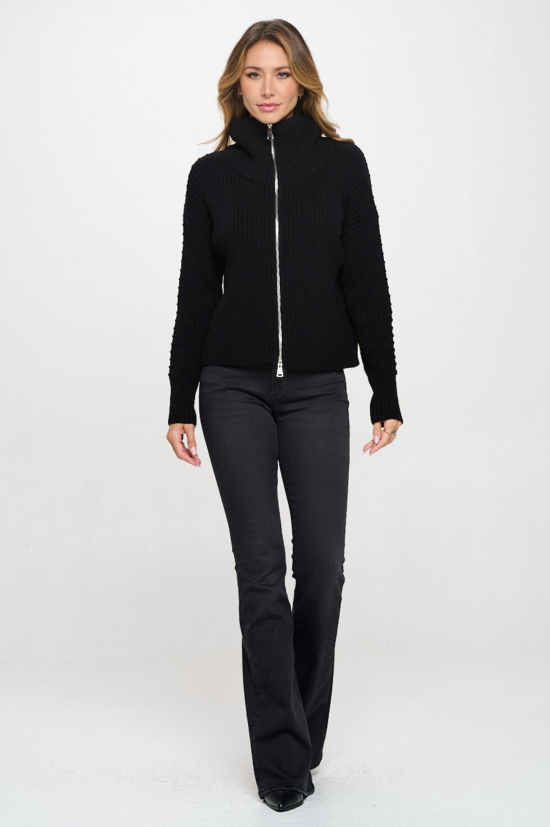 Cotton Knit Detail Long Sleeve Zip Up Sweater - Shellcreations