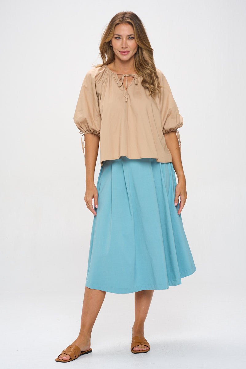 Cotton V neck Half Puff Sleeve with Tie - Shellcreations