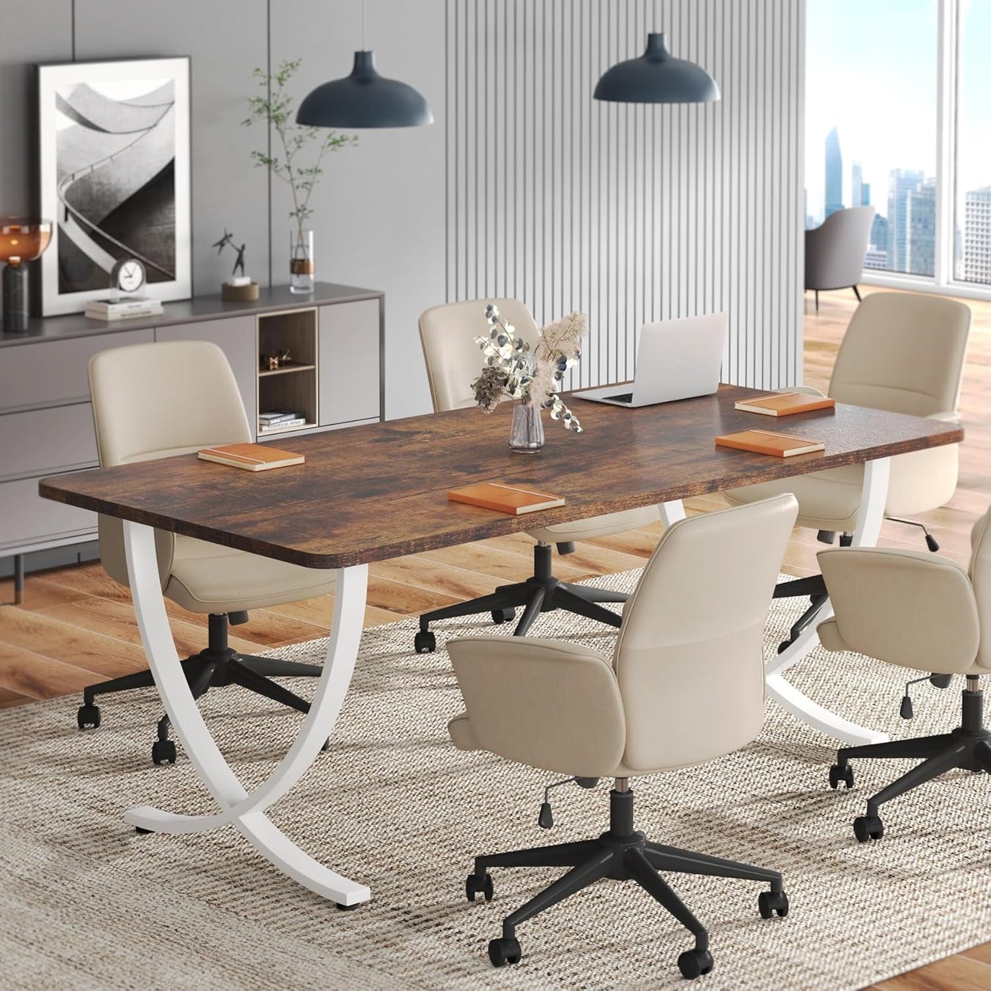 Executive Desk, 63” W X 31.5” D Large Office Desk, Modern Computer Desk Conference Table Meeting Room Table, Business Furniture for Home Office, White and Walnut - Shellcreations