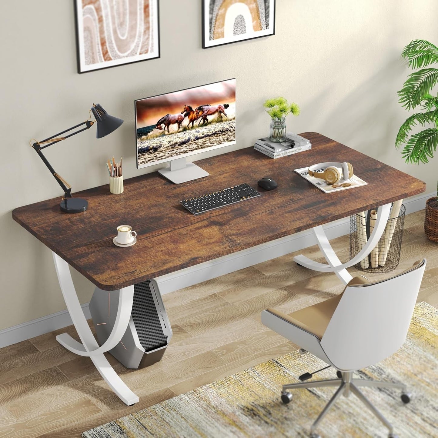 Executive Desk, 63” W X 31.5” D Large Office Desk, Modern Computer Desk Conference Table Meeting Room Table, Business Furniture for Home Office, White and Walnut - Shellcreations