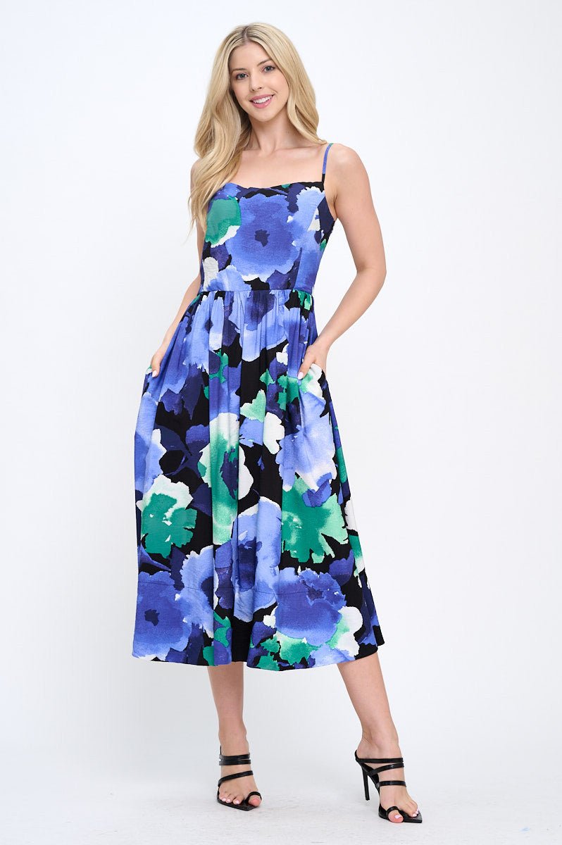 Floral Print Midi Dress with Smock Back Detail and Pockets - Shellcreations