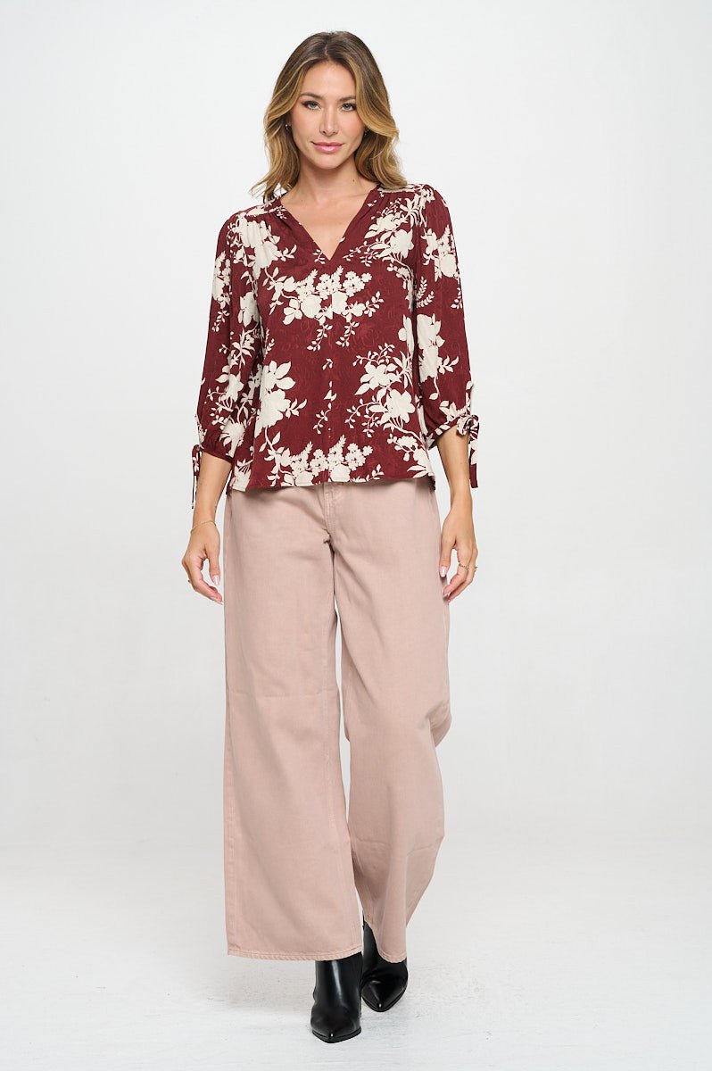 Floral Print V neck Top with Tie Sleeve - Shellcreations