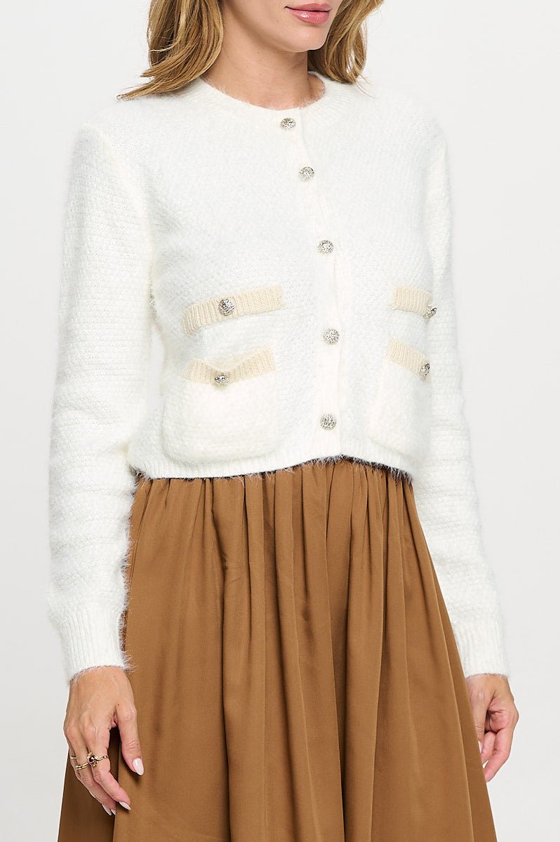 Fuzzy Long Sleeve Cardigan with Two Pockets Detail and Buttons - Shellcreations