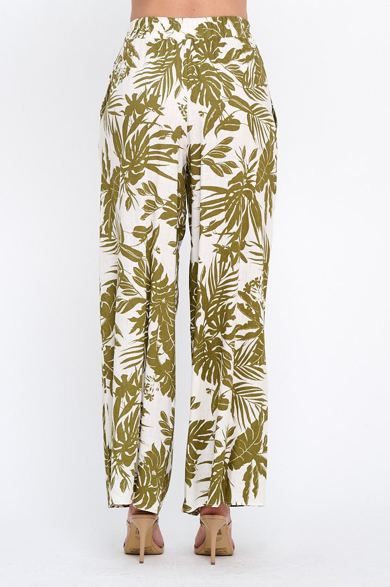 Linen Tropical Print Pants with Pockets and Elastic Waistband - Shellcreations