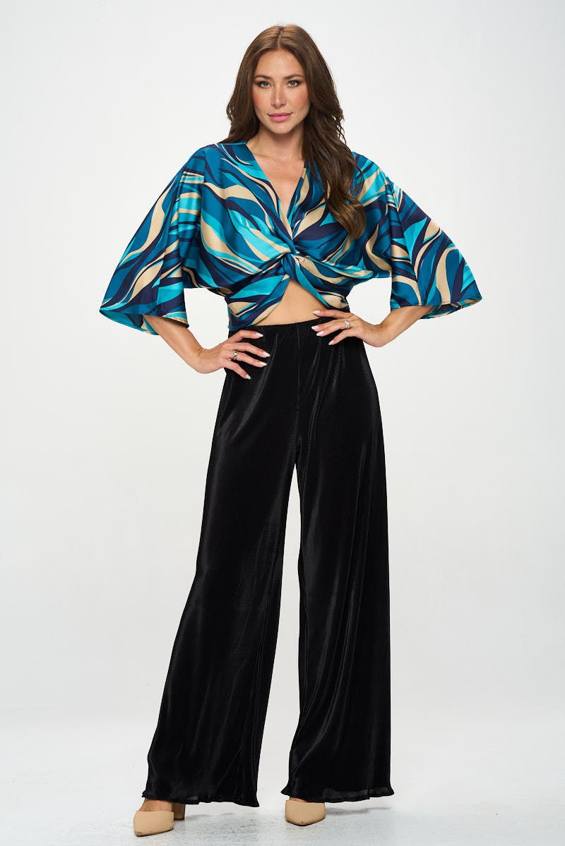 Multi Print Satin Mid Sleeve Top with Front Twist - Shellcreations