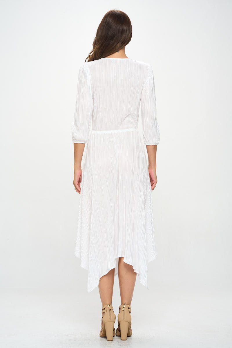Plisse V neck Dress with Asymmetrical Hem - Shellcreations
