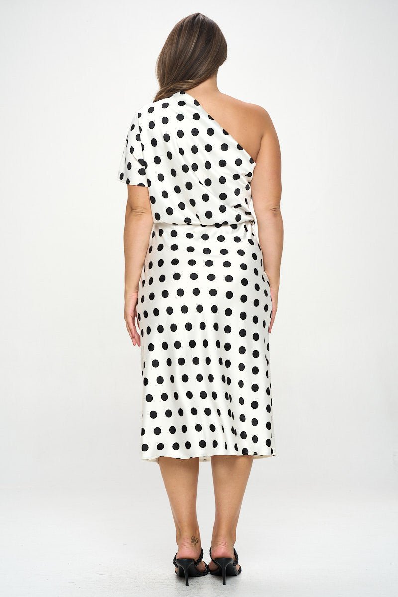 Polka Dot Stretch Satin One Shoulder Dress - Shellcreations