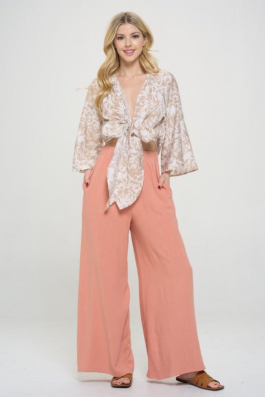 Print Crinkle V neck 3/4 Sleeve Wrap Top with Tie - Shellcreations