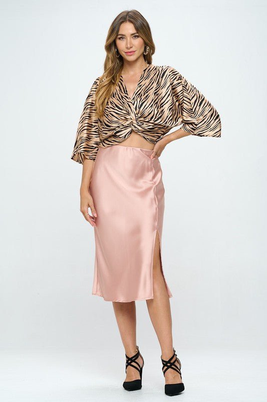 Print Satin Short Sleeve Top with Front Twist - Shellcreations