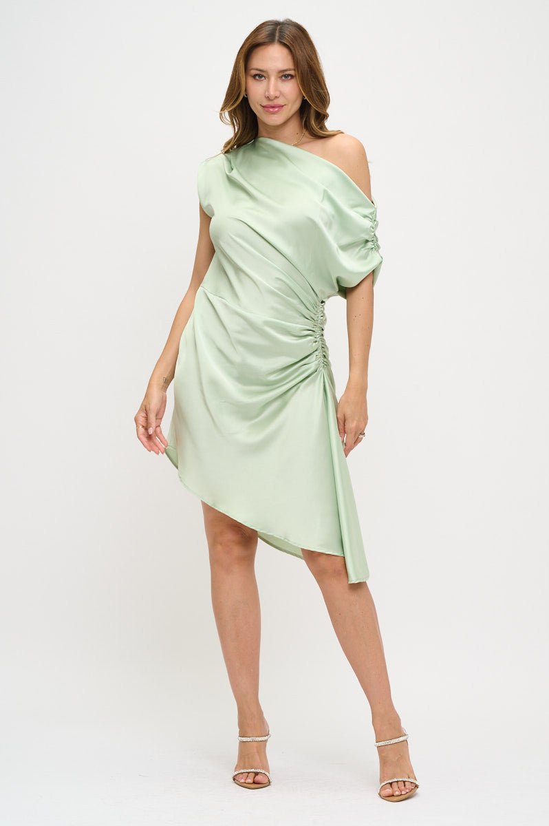 Satin Asymmetrical Off the Shoulder Ruched Dress - Shellcreations