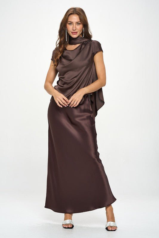 Satin Cowl Neck Short Sleeve Top with Scarf Detail - Shellcreations