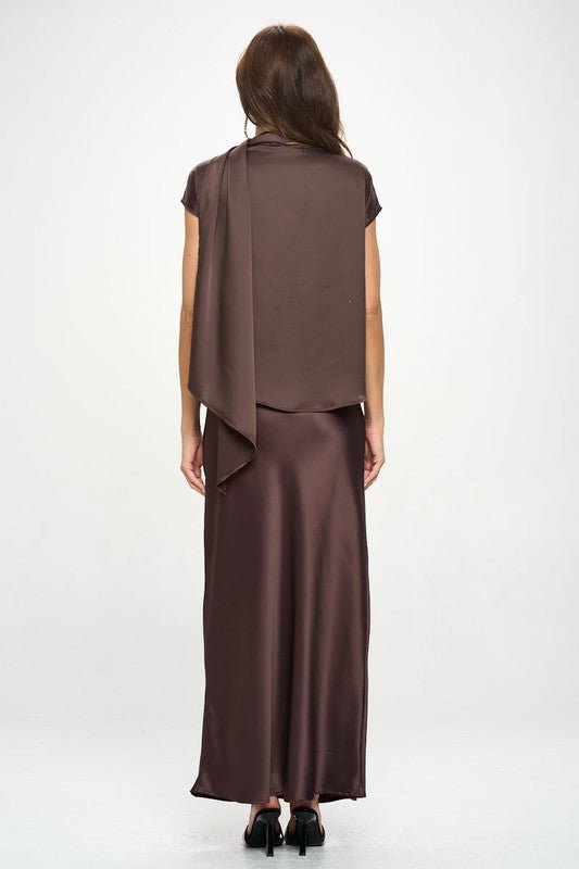 Satin Cowl Neck Short Sleeve Top with Scarf Detail - Shellcreations