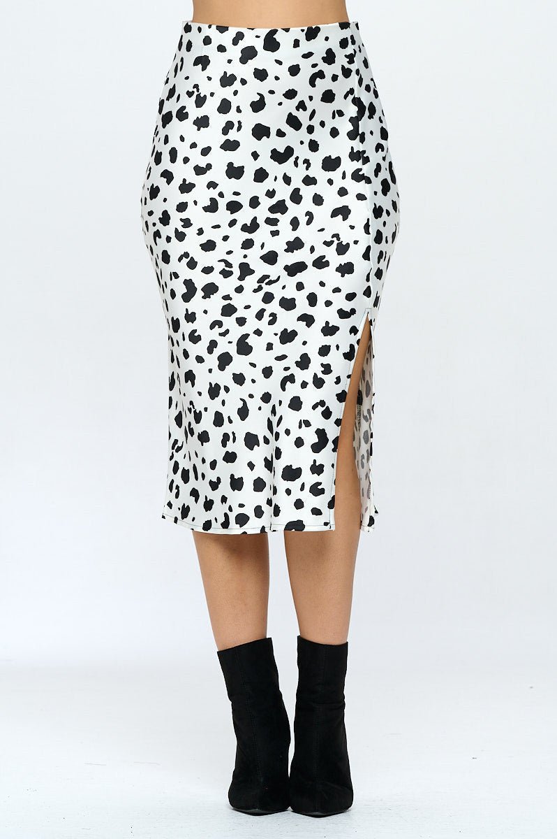 Satin Leopard Print Midi Skirt with Slit - Shellcreations