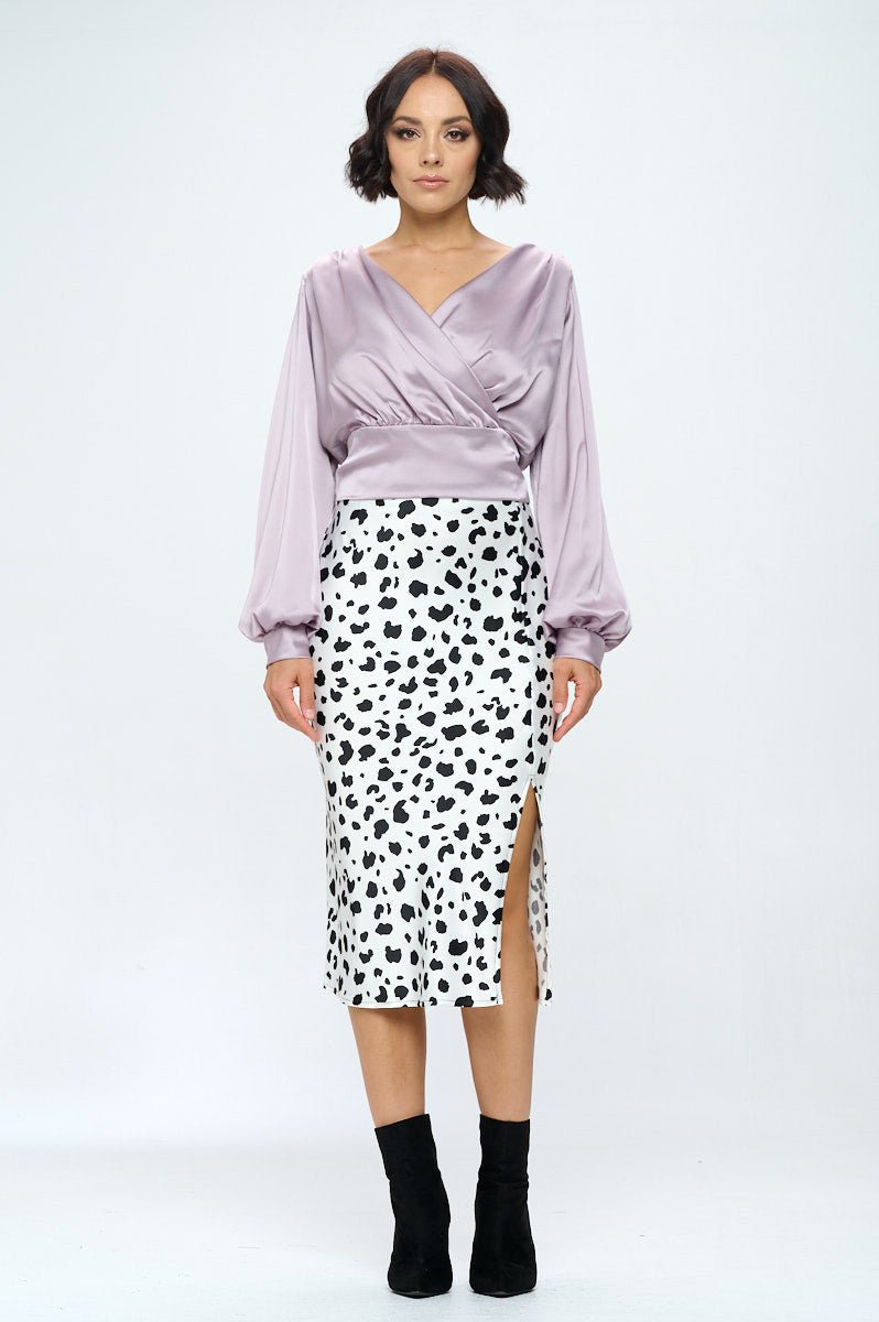 Satin Leopard Print Midi Skirt with Slit - Shellcreations