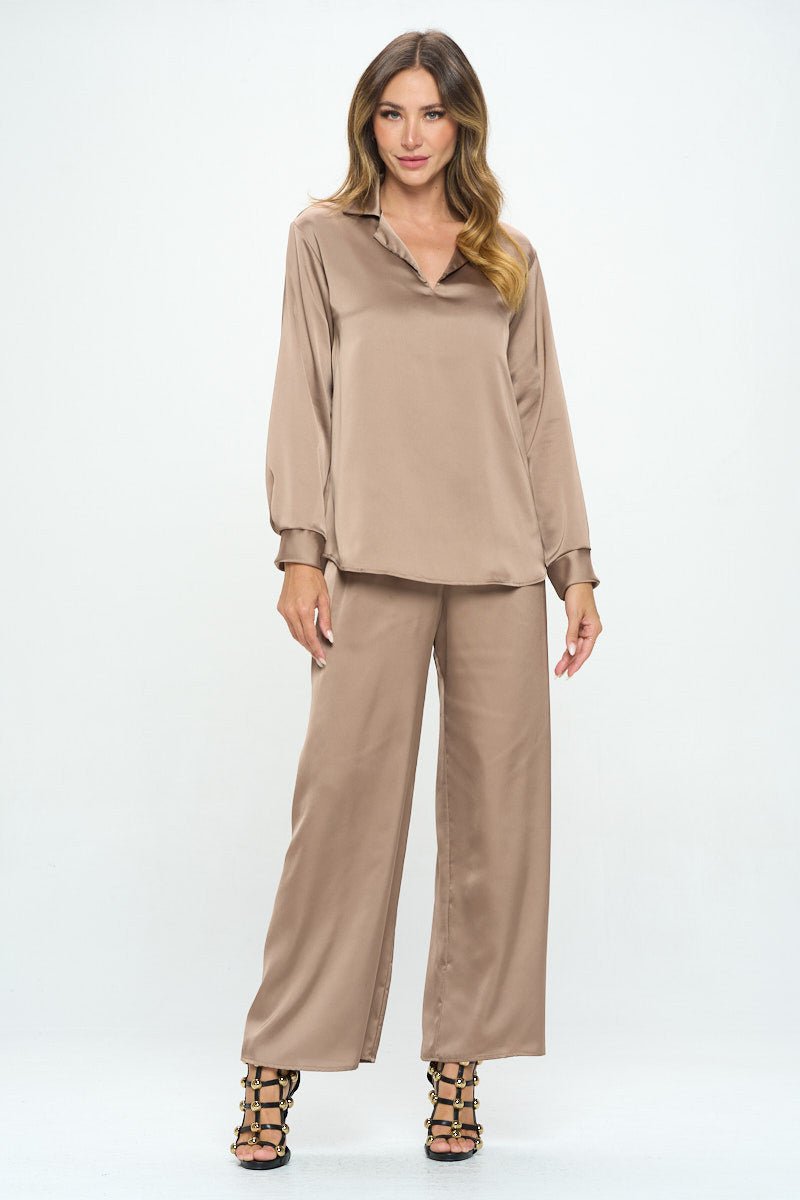 Stretch Satin Long Sleeve V neck Top with Collar - Shellcreations