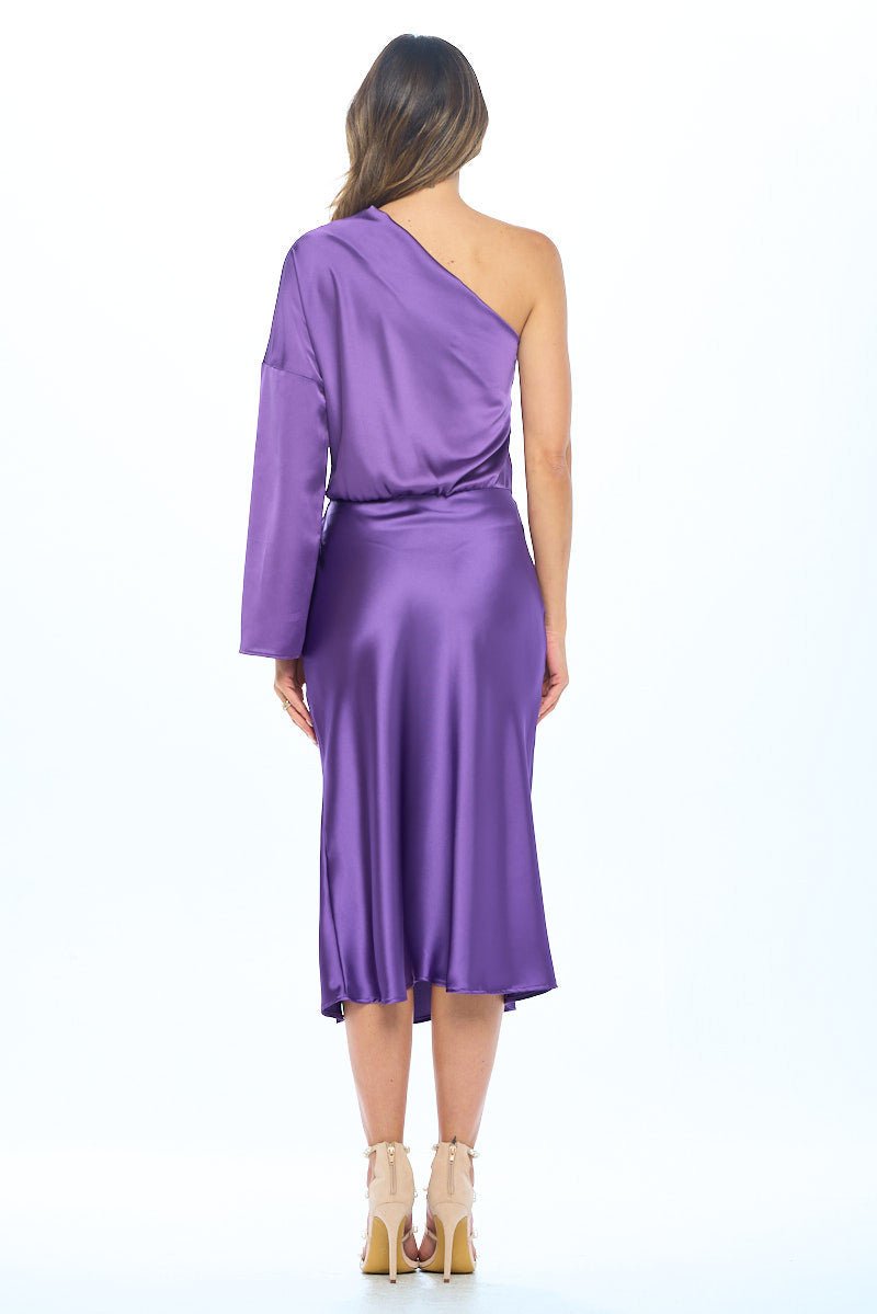 Stretch Satin One Shoulder Long Sleeve Dress - Shellcreations