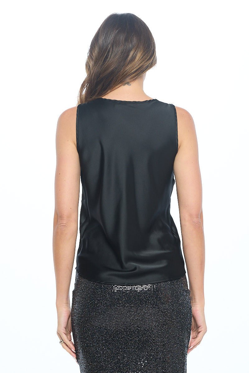 Stretch Satin V neck Sleeveless Top with Ruched Detail - Shellcreations