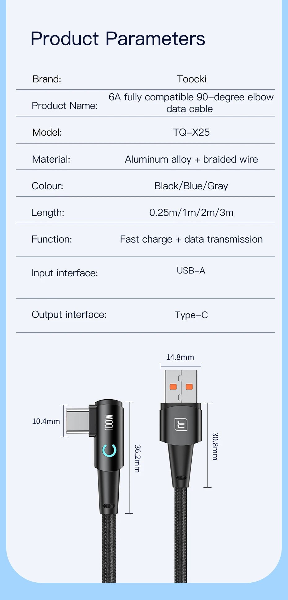 Toocki 6A USB C Cable 90 Degree For OPPO 100W Fast Charging Cord For Honor Huawei Oneplus Realme Charger Data Wire - Shellcreations