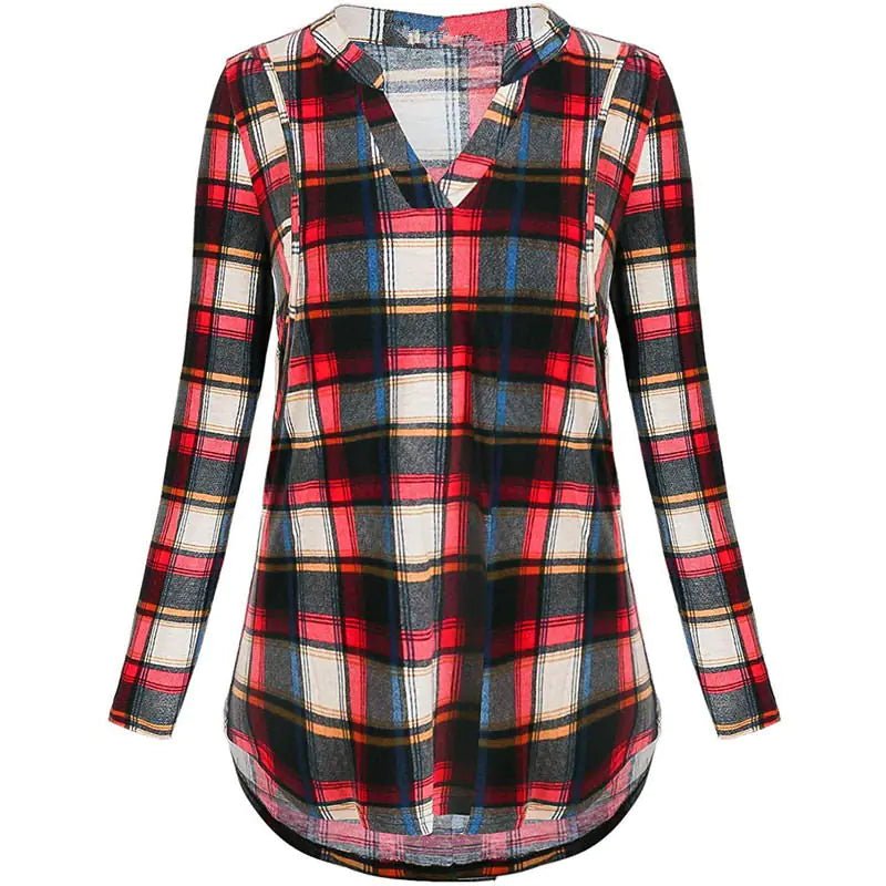 Women’s Plaid Print V - Neck Long Sleeve Nursing Top - Shellcreations