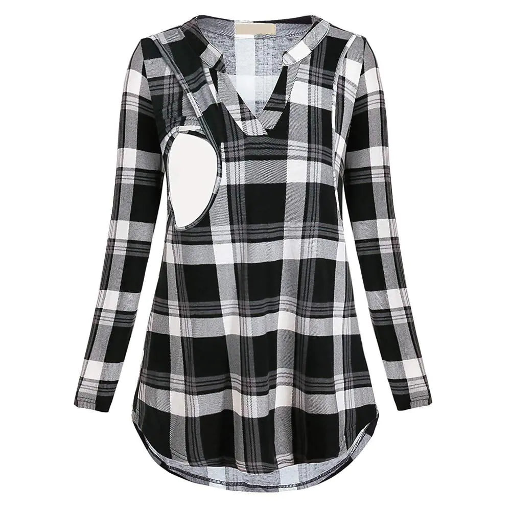 Women’s Plaid Print V - Neck Long Sleeve Nursing Top - Shellcreations