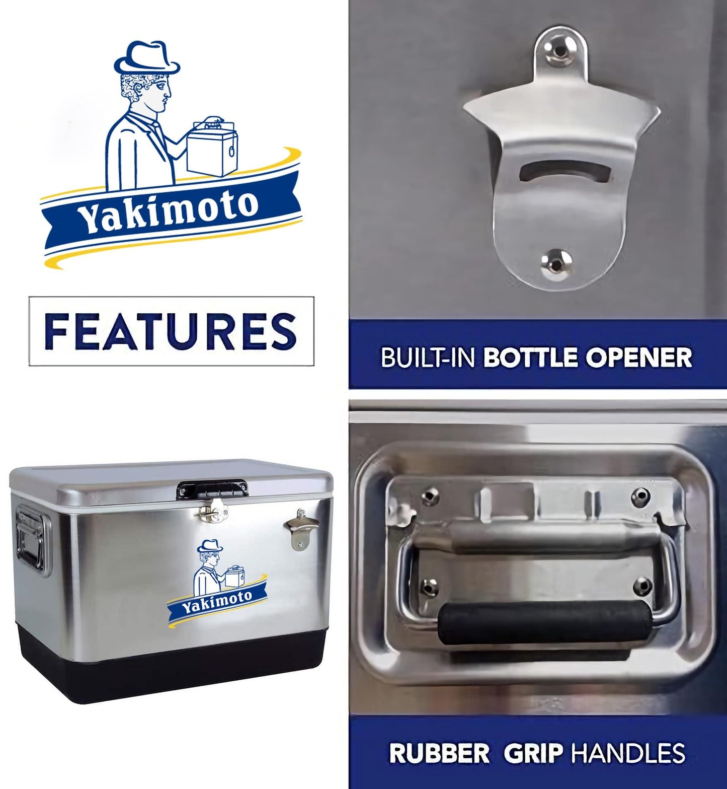 Yakimoto Ice Chest Beverage Beer Cooler Box With Bottle Opener, 51L/54Qt Stainless Steel Portable Insulated Ice Bucket, Sturdy And Leak - proof, For Camping, Beach, Picnic, RV, BBQ, Picnic, Fishing - Shellcreations