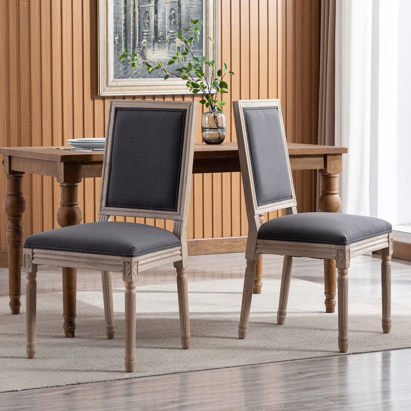 Set of 6 French Country Farmhouse Dining Chairs, Square Backrest, Upholstered, Solid Wood Leg-1