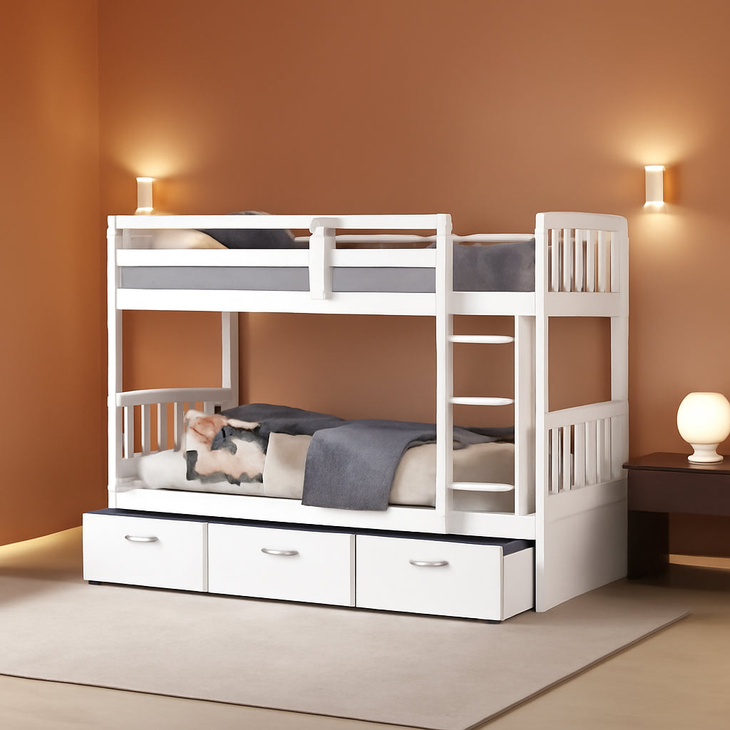 Harper&Bright Designs Twin over Twin Bunk Bed with Twin Trundle, 3 Storage Drawers, Safety Rail, and Removable Ladder, Can Be Separated into 3 Bed, White-0