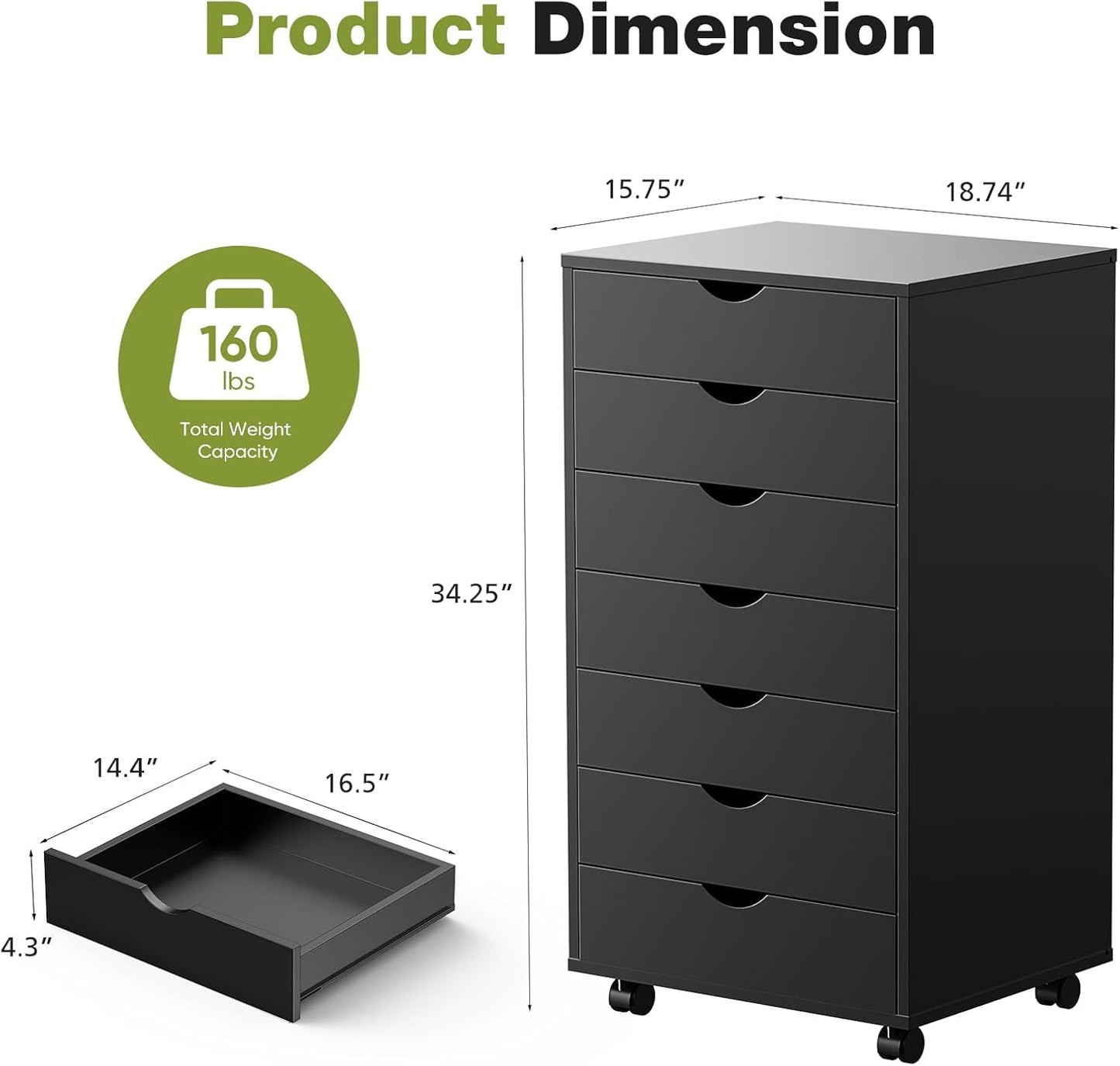 7 Drawer Chest Mobile Storage Cabinets Wooden Dresser with Wheels Room Organization Furniture for Office Home, Black Wood-2