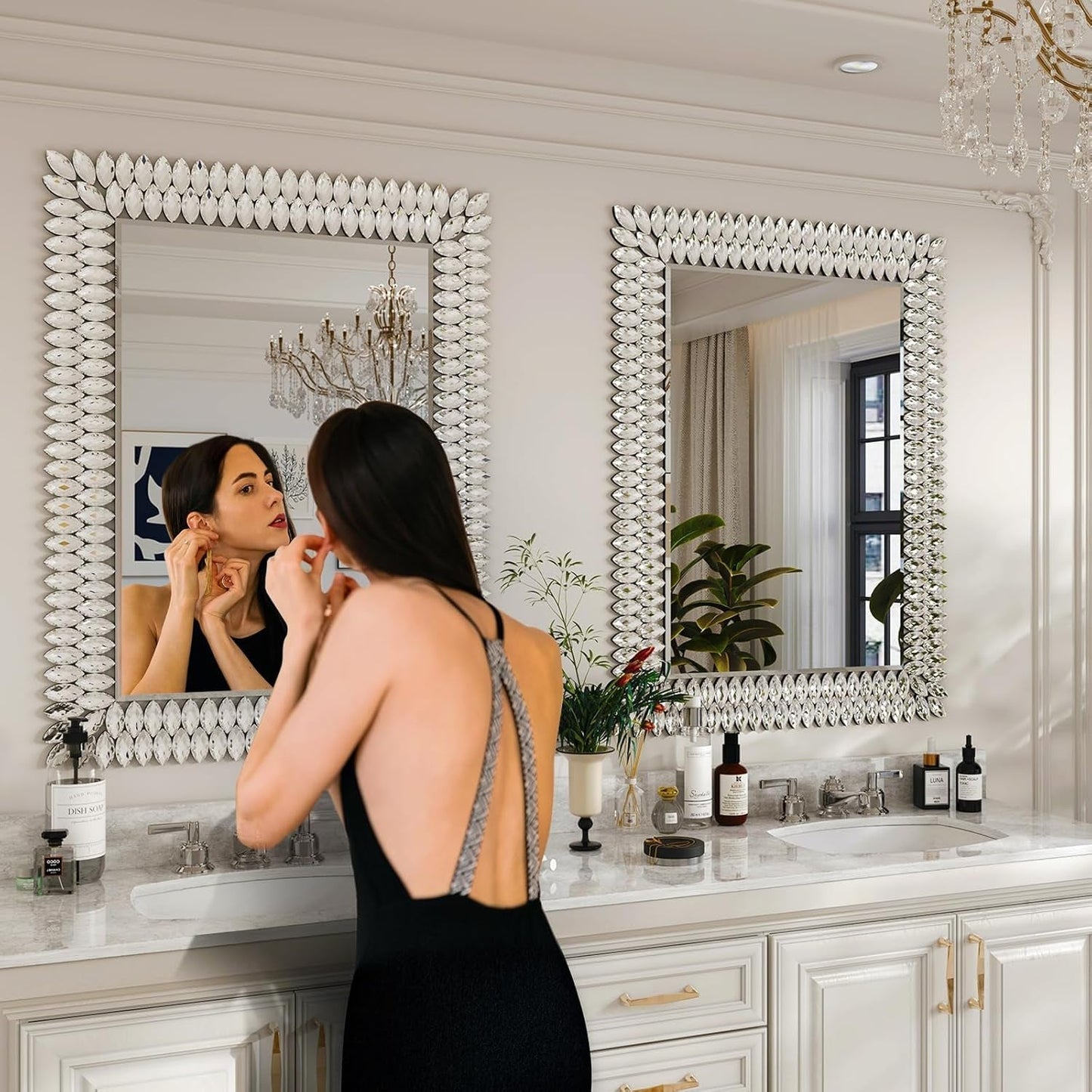 30"X40" Jeweled Bathroom Wall Mirror, Large Rectangle Mirror Decorative Mirror Luxury Vanity Mirror with Diamonds for Master Bath Half Bath Living Room Bedroom Fireplace Mantle Entryway - Shellcreations
