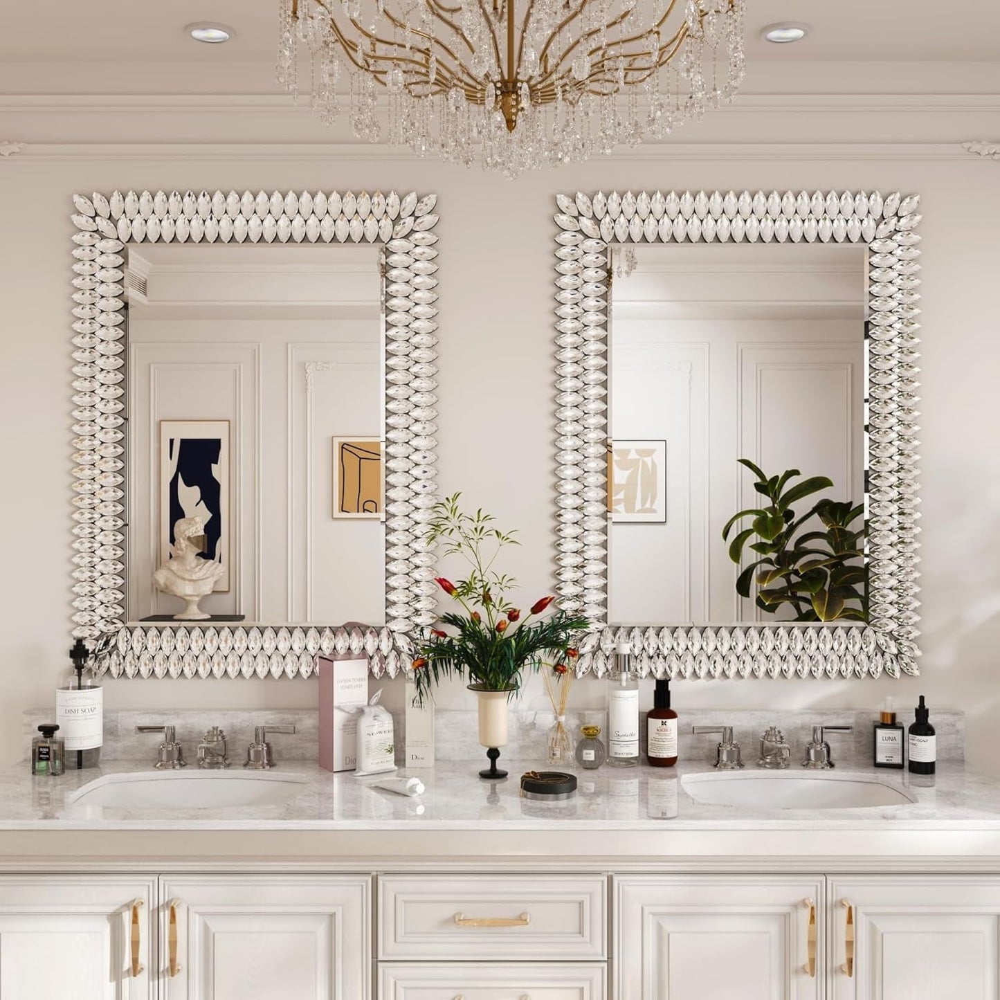 30"X40" Jeweled Bathroom Wall Mirror, Large Rectangle Mirror Decorative Mirror Luxury Vanity Mirror with Diamonds for Master Bath Half Bath Living Room Bedroom Fireplace Mantle Entryway - Shellcreations