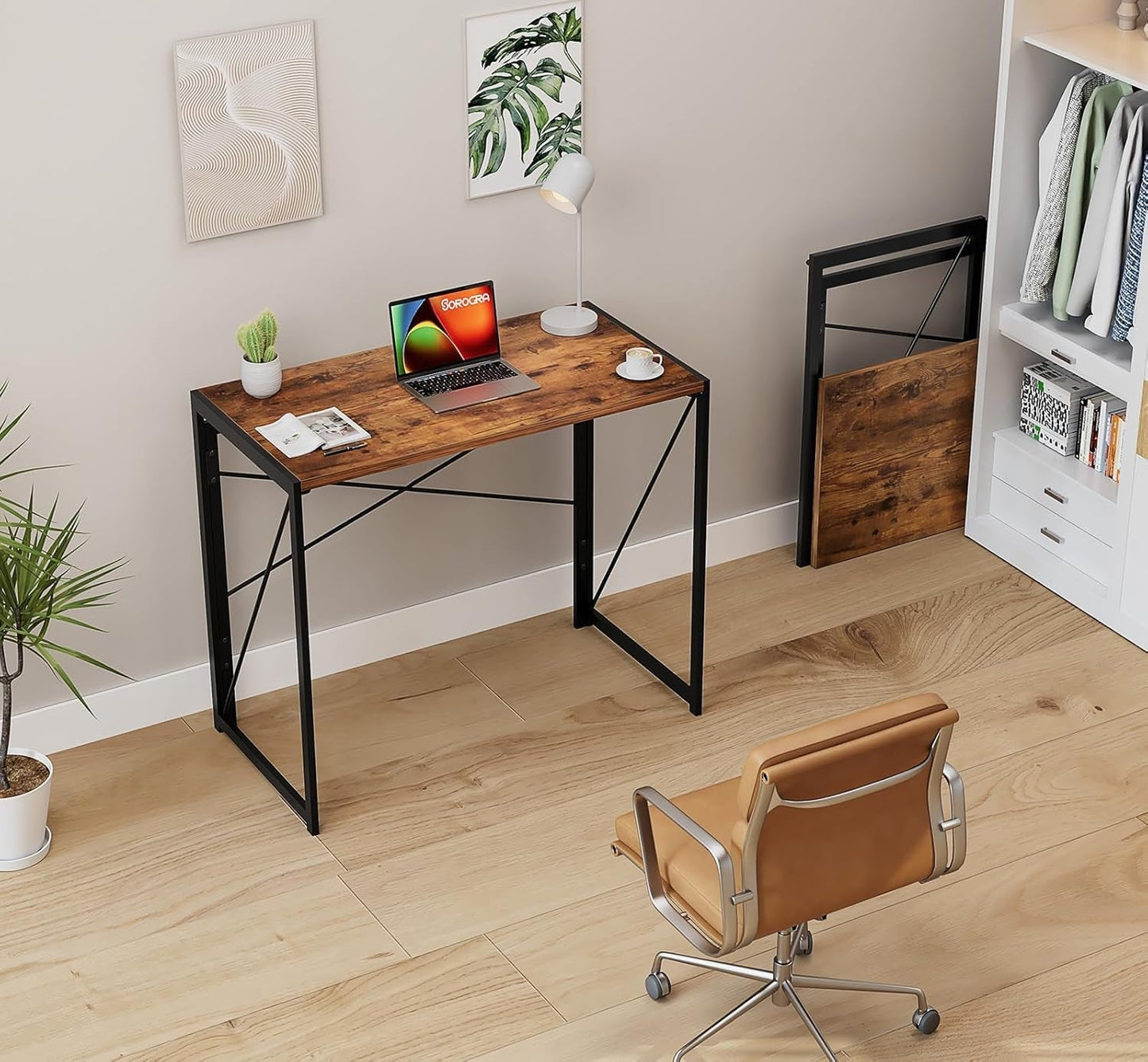 31.5" Vintage Brown Folding Desk No Assembly - Shellcreations
