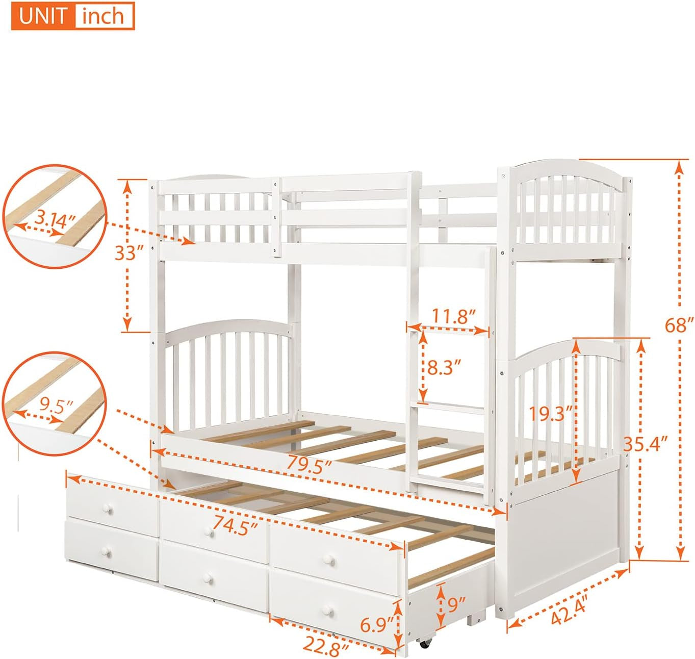 Harper&Bright Designs Twin over Twin Bunk Bed with Twin Trundle, 3 Storage Drawers, Safety Rail, and Removable Ladder, Can Be Separated into 3 Bed, White-1