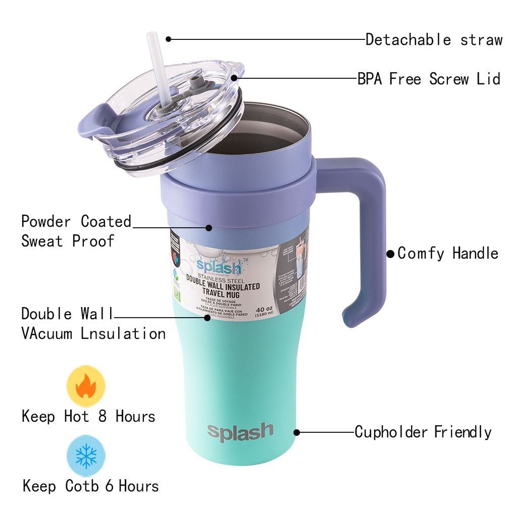 40oz Wall insulated Water Bottle, StainlessSteel Water Cup, For lce Water, lced Tea, CoffeeTo Keeps Drinks Cold, With Handle And StrawCover, For Outdoor, Sports, Home, Office, Car AndTravel - Shellcreations