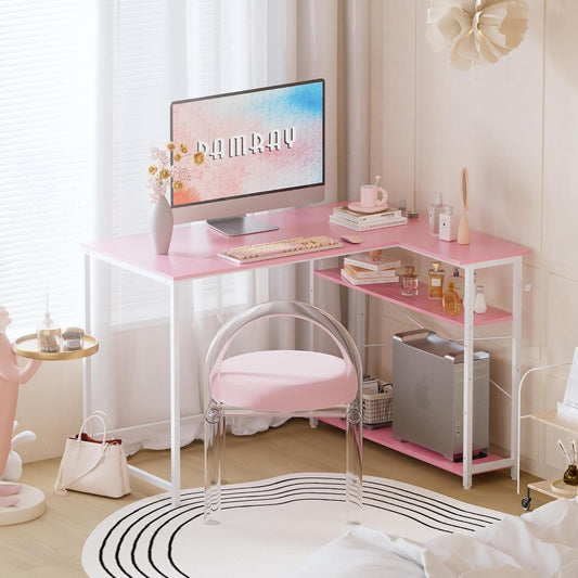43 Inch L Shaped Computer Desk with Reversible Side Storage Shelves, Small Corner Desk for Small Space Home Office,Writing Study Table PC Desk for Bedroom,Pink with White Leg - Shellcreations