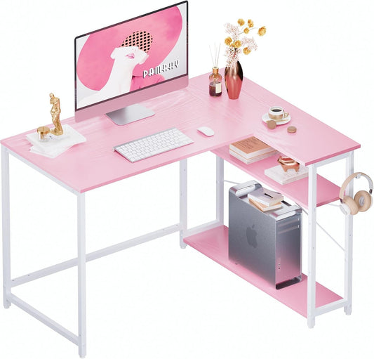 43 Inch L Shaped Computer Desk with Reversible Side Storage Shelves, Small Corner Desk for Small Space Home Office,Writing Study Table PC Desk for Bedroom,Pink with White Leg - Shellcreations