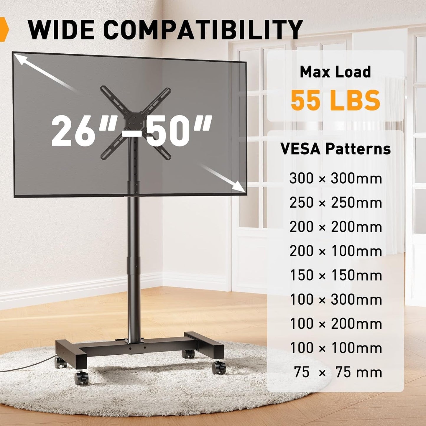 Rolling TV Stand with Power Outlet for 26-50 Inch Tvs up to 55 Lbs, Tilting Mobile TV Cart Portrait to Landscape, 8 Height Settings, Mobile TV Stand with Wheels, Max VESA 300X300Mm, PGTVMC19-2