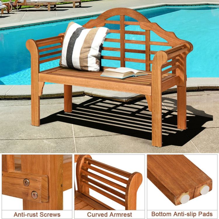 49 Inch Eucalyptus Wood Outdoor Folding Bench with Backrest Armrest for Patio Garden - Shellcreations