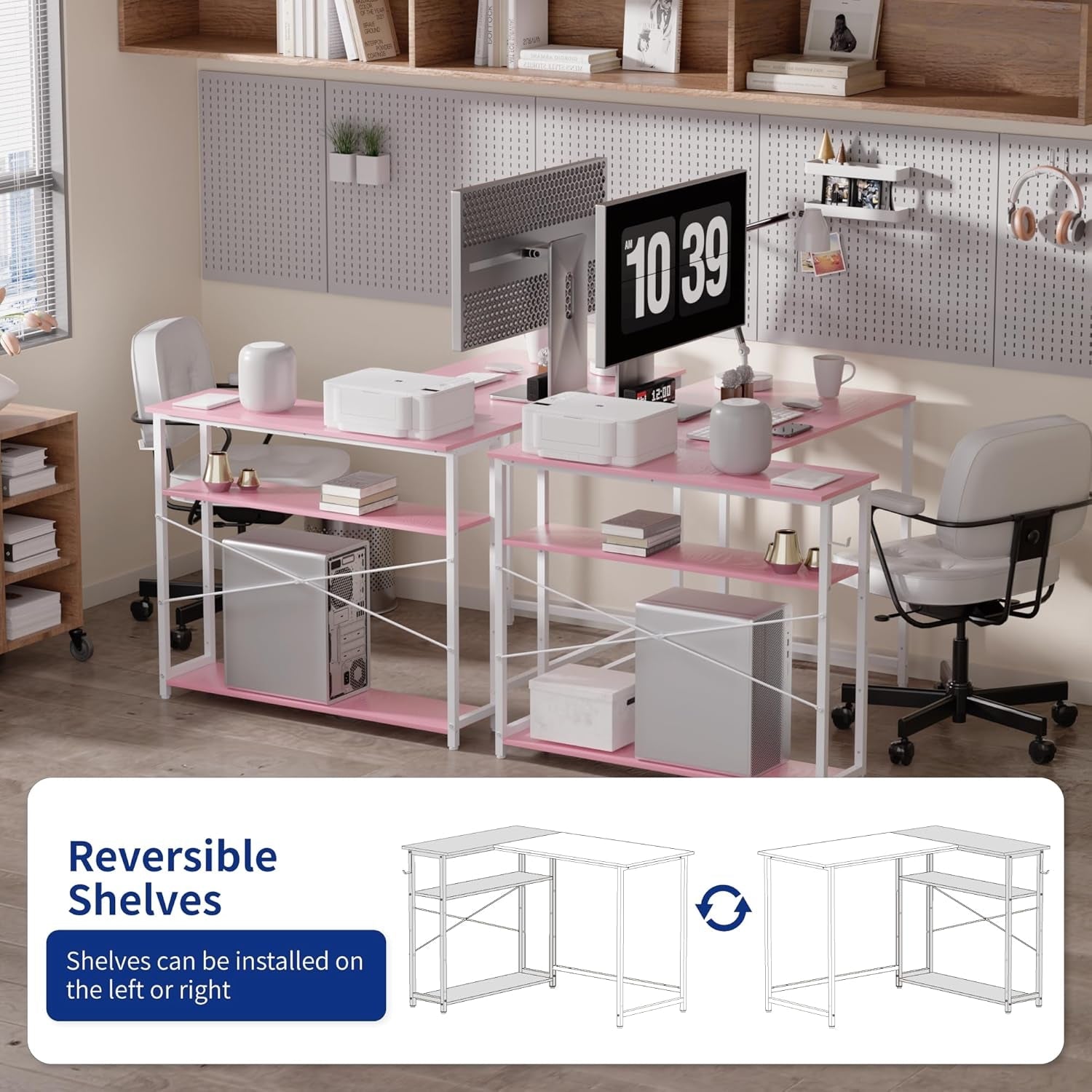 43 Inch L Shaped Computer Desk with Reversible Side Storage Shelves, Small Corner Desk for Small Space Home Office,Writing Study Table PC Desk for Bedroom,Pink with White Leg-4