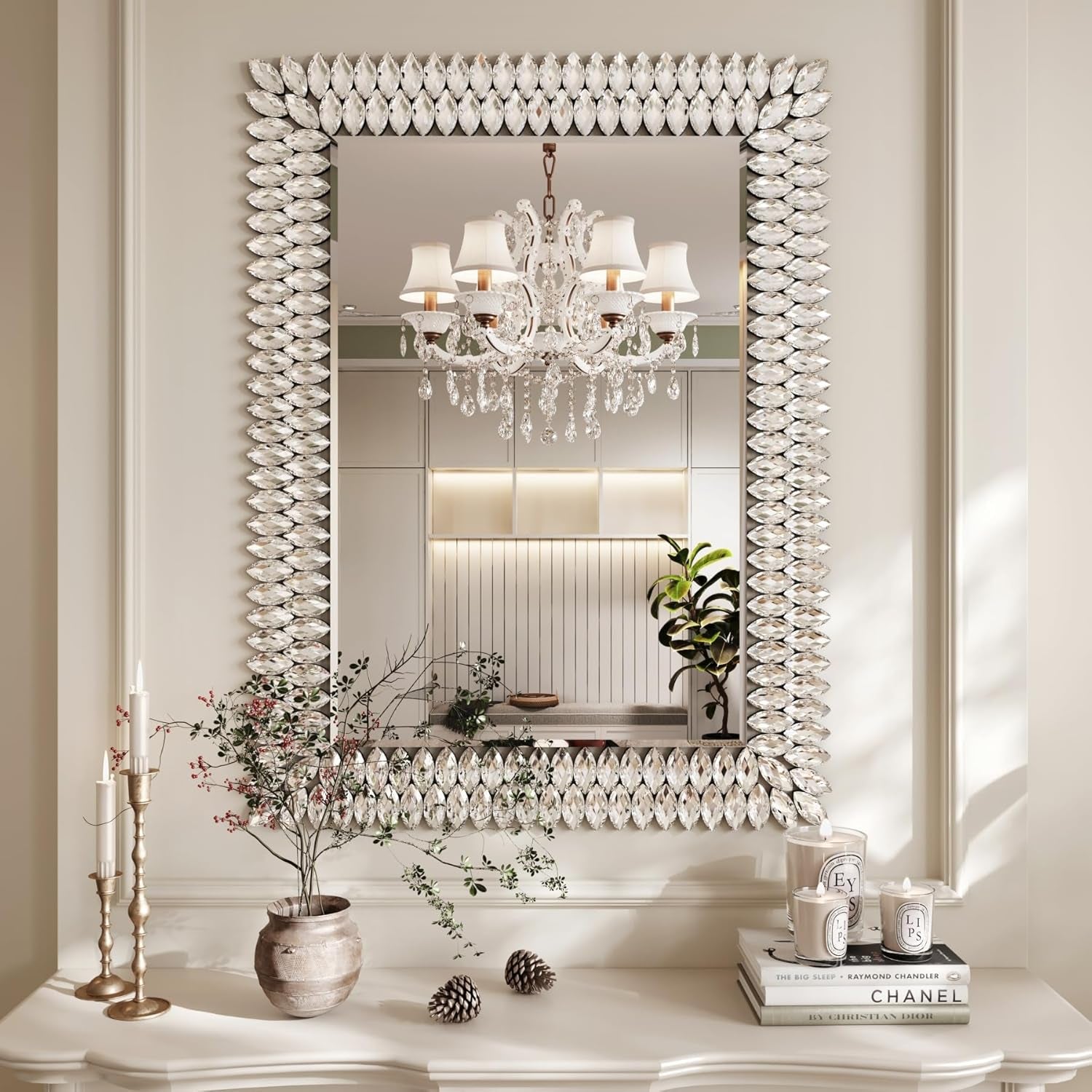 30"X40" Jeweled Bathroom Wall Mirror, Large Rectangle Mirror Decorative Mirror Luxury Vanity Mirror with Diamonds for Master Bath Half Bath Living Room Bedroom Fireplace Mantle Entryway-0