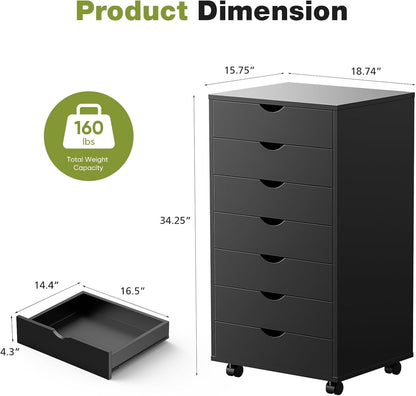 7 Drawer Chest Mobile Storage Cabinets Wooden Dresser with Wheels Room Organization Furniture for Office Home, Black Wood - Shellcreations