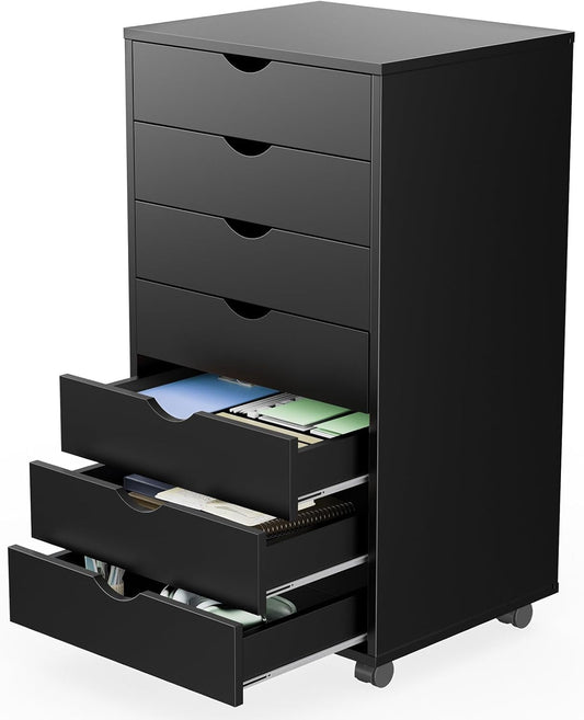 7 Drawer Chest Mobile Storage Cabinets Wooden Dresser with Wheels Room Organization Furniture for Office Home, Black Wood - Shellcreations
