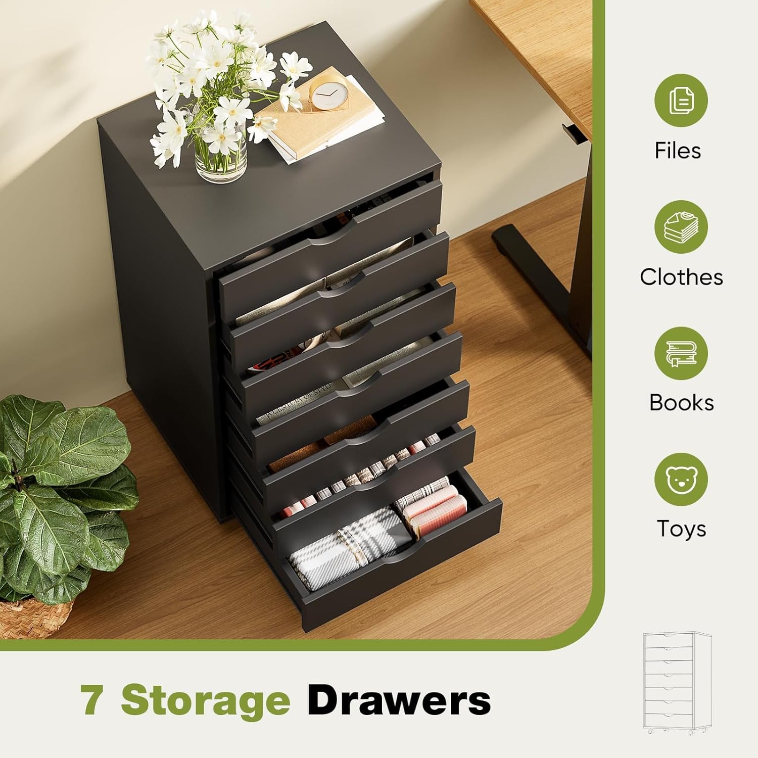 7 Drawer Chest Mobile Storage Cabinets Wooden Dresser with Wheels Room Organization Furniture for Office Home, Black Wood - Shellcreations
