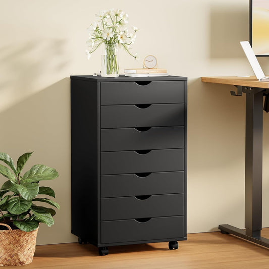 7 Drawer Chest Mobile Storage Cabinets Wooden Dresser with Wheels Room Organization Furniture for Office Home, Black Wood - Shellcreations