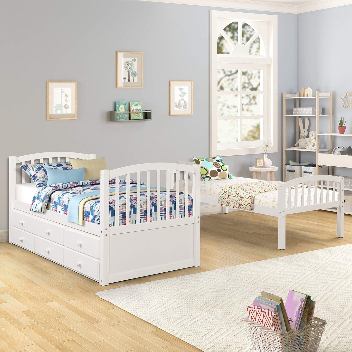 Harper&Bright Designs Twin over Twin Bunk Bed with Twin Trundle, 3 Storage Drawers, Safety Rail, and Removable Ladder, Can Be Separated into 3 Bed, White-2
