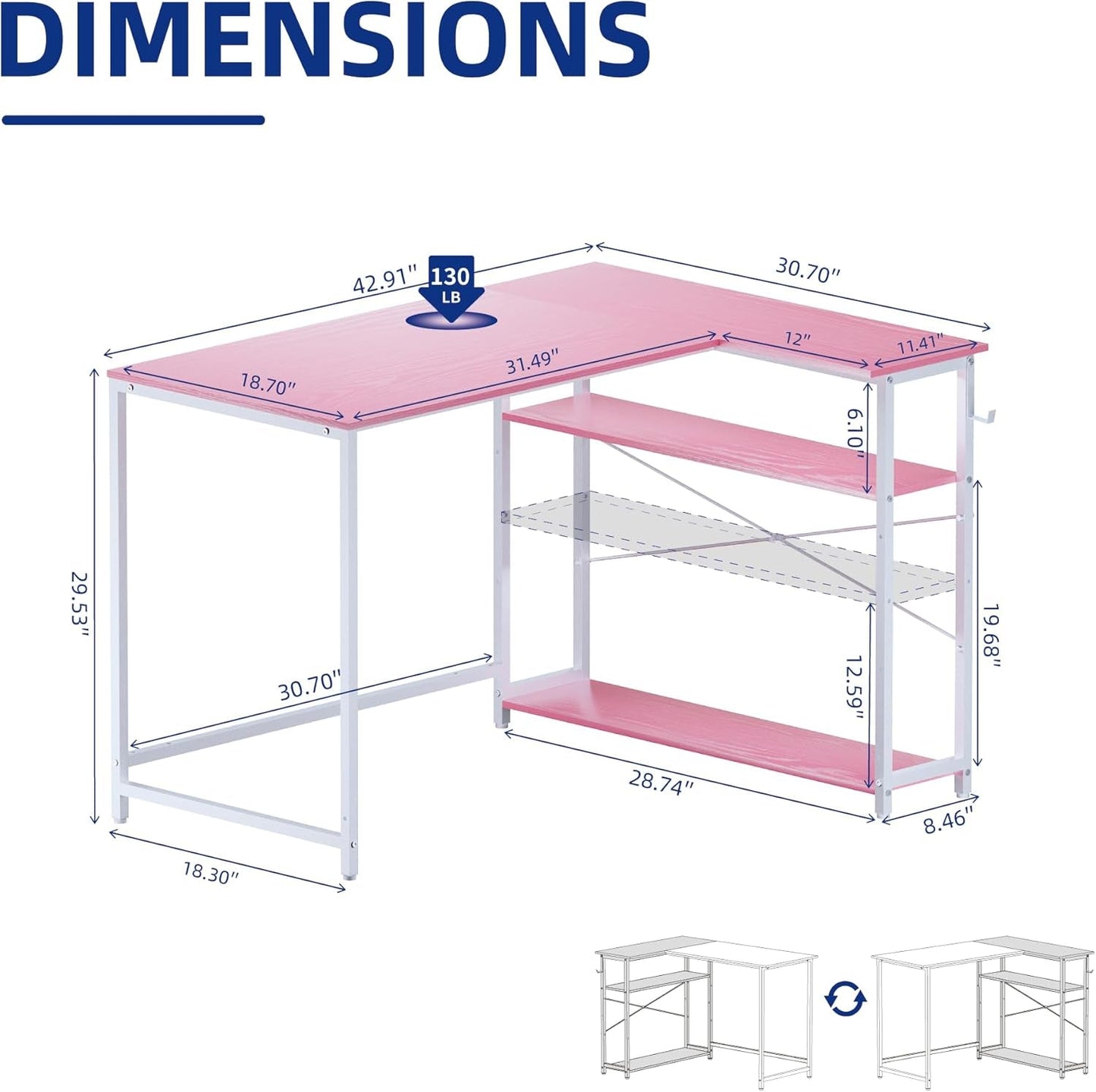 43 Inch L Shaped Computer Desk with Reversible Side Storage Shelves, Small Corner Desk for Small Space Home Office,Writing Study Table PC Desk for Bedroom,Pink with White Leg-2