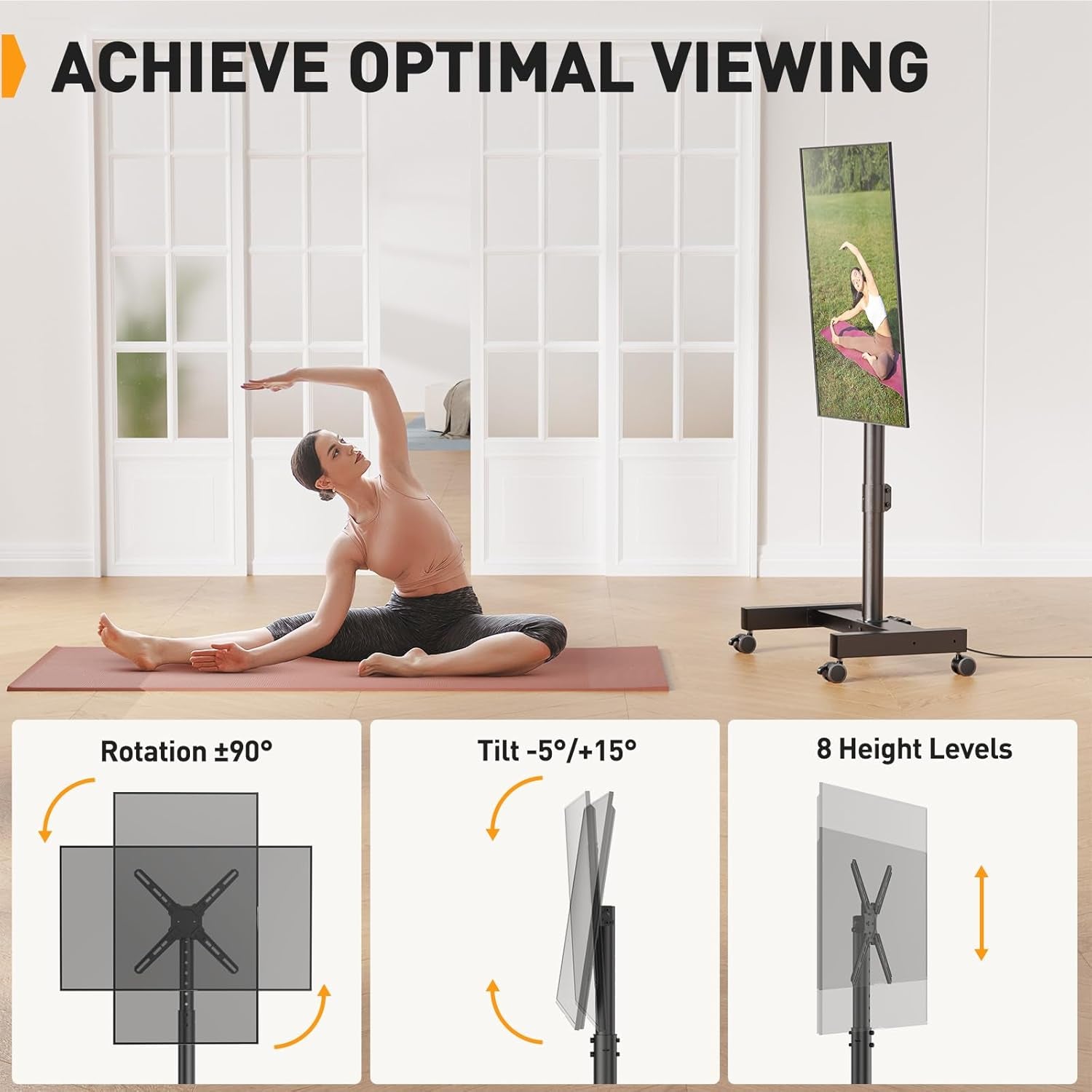 Rolling TV Stand with Power Outlet for 26-50 Inch Tvs up to 55 Lbs, Tilting Mobile TV Cart Portrait to Landscape, 8 Height Settings, Mobile TV Stand with Wheels, Max VESA 300X300Mm, PGTVMC19-3