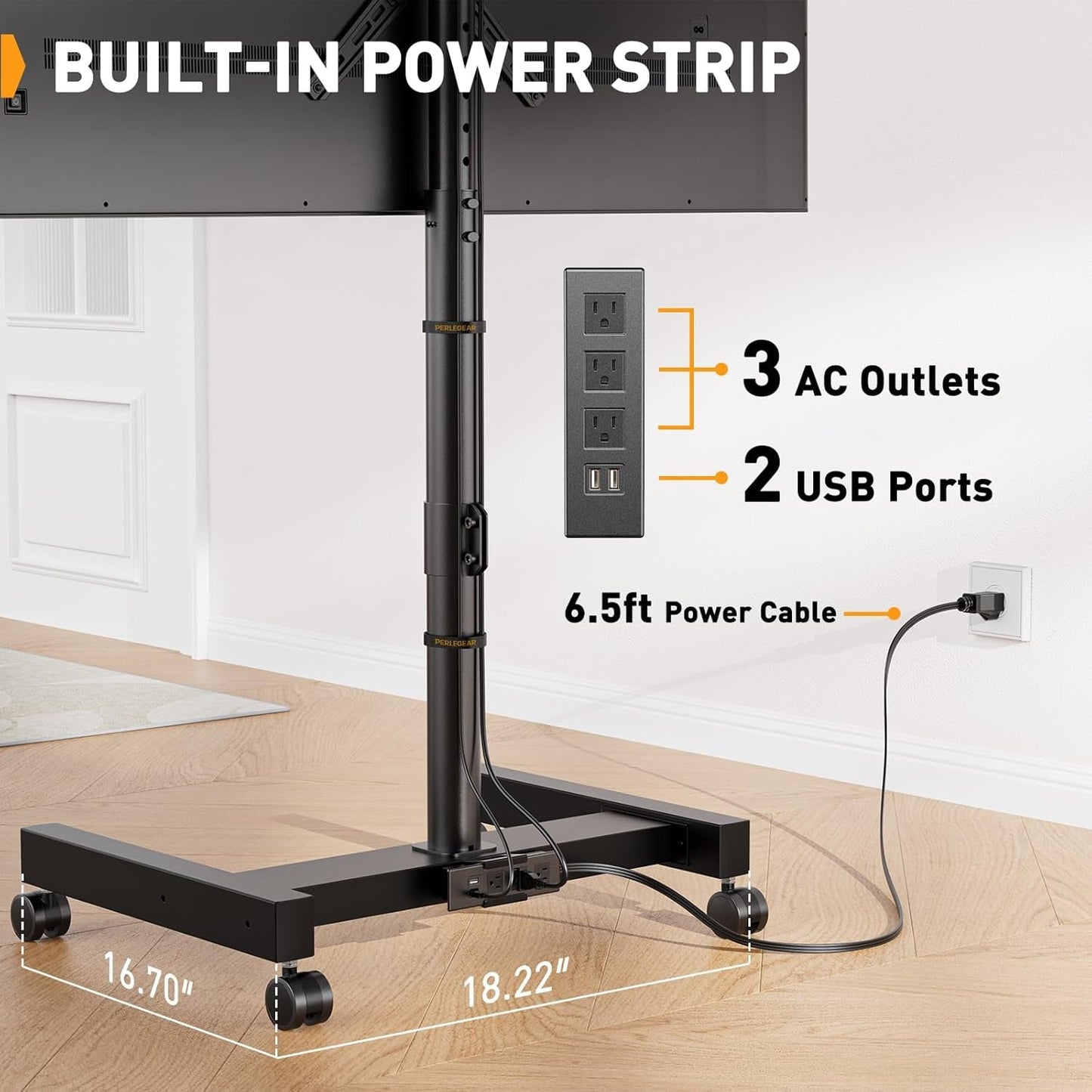 Rolling TV Stand with Power Outlet for 26-50 Inch Tvs up to 55 Lbs, Tilting Mobile TV Cart Portrait to Landscape, 8 Height Settings, Mobile TV Stand with Wheels, Max VESA 300X300Mm, PGTVMC19-1
