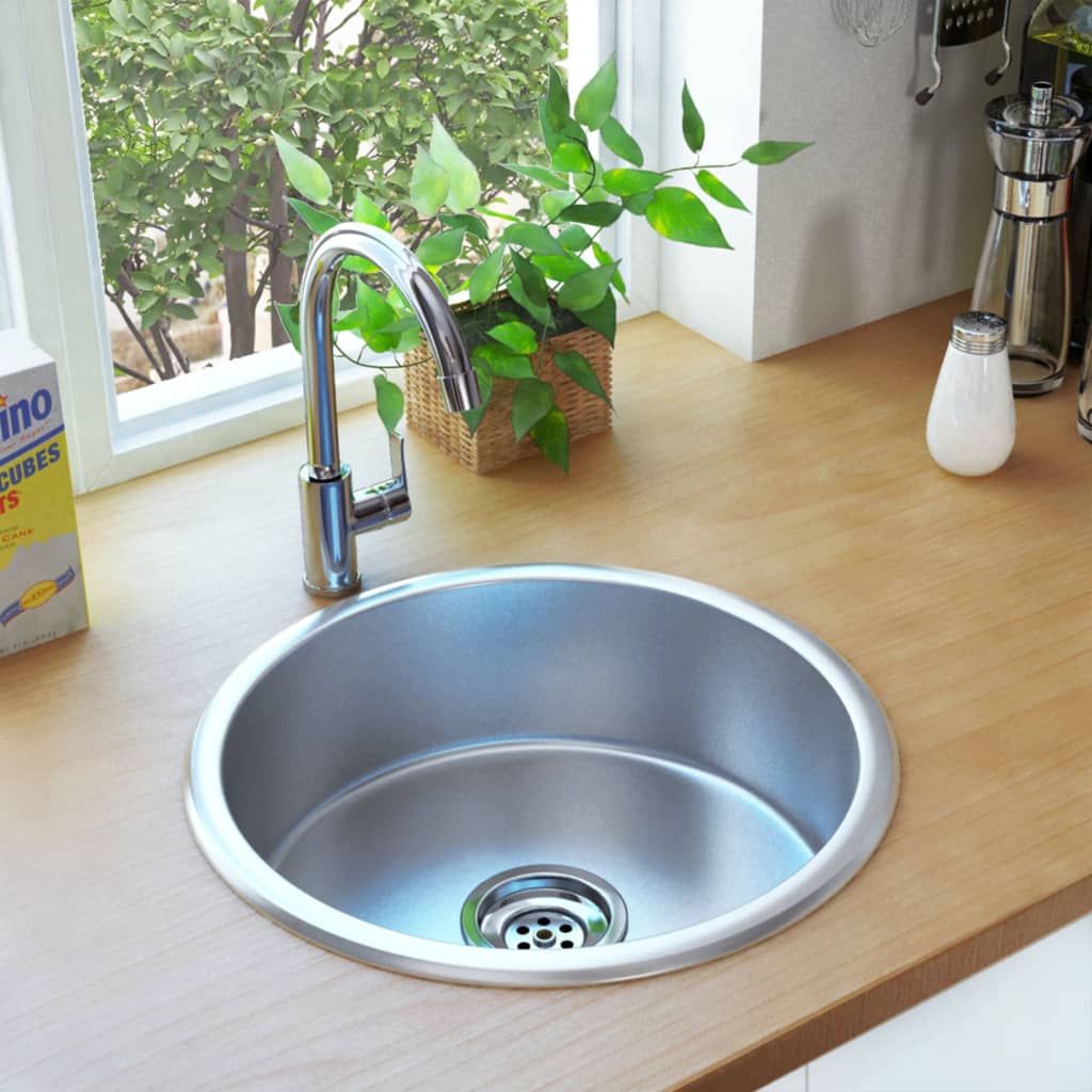 vidaXL Kitchen Sink Undermount Sink with Strainer Stainless Steel Sink Round-5